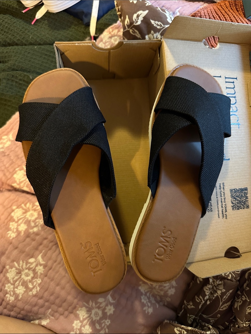 Toms Black Crisscross Slide Mules with Tan Footbed